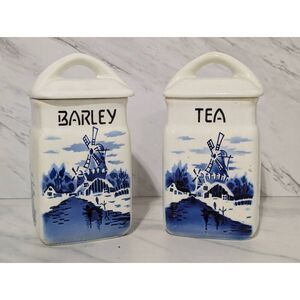Inge Germany Vintage Blue White Porcelain Tea Barley Cannisters W/Lids